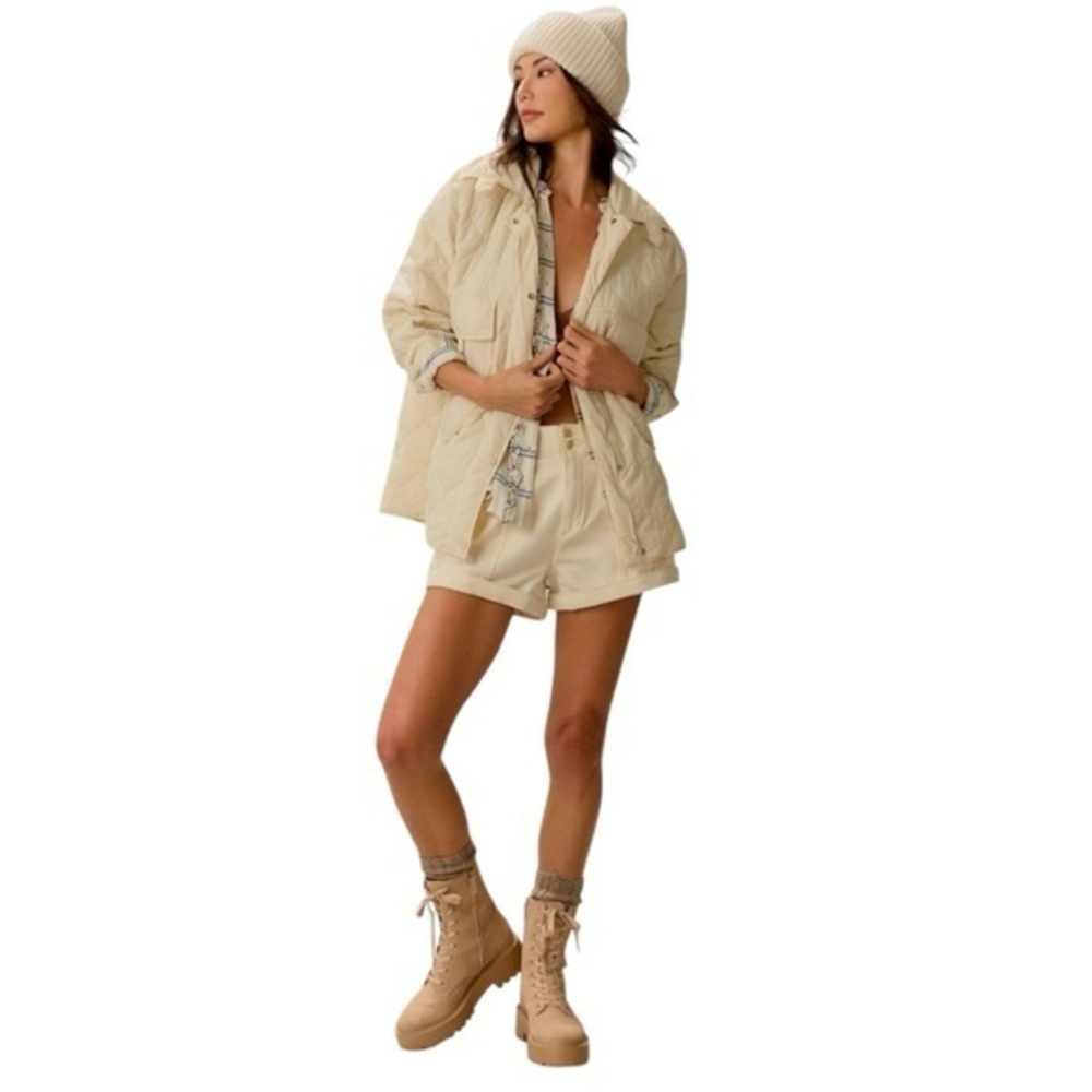 Anthropologie Lightweight Quilted Utility Shirt Jacket Puffer Coat Shacket Ivory